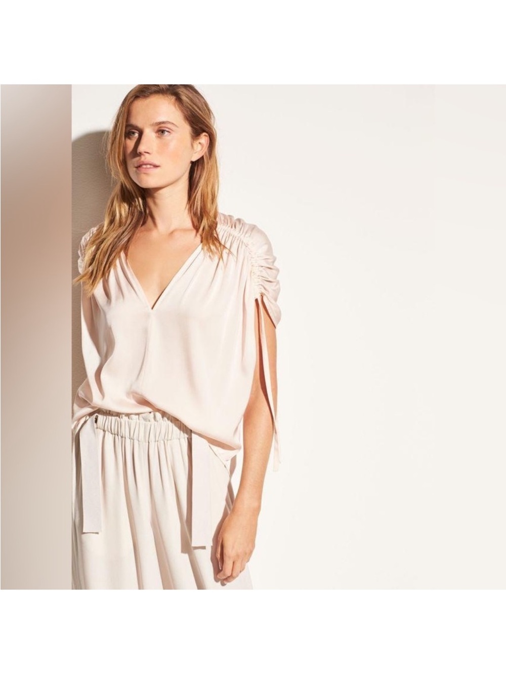 Vince Light Blush V-Neck Ruched Sleeve Silk Top